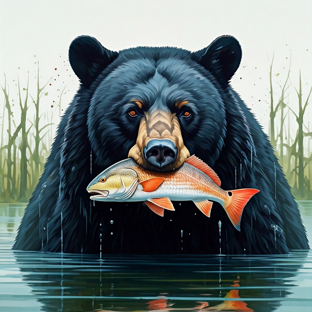Black bear wading through a foggy bayou