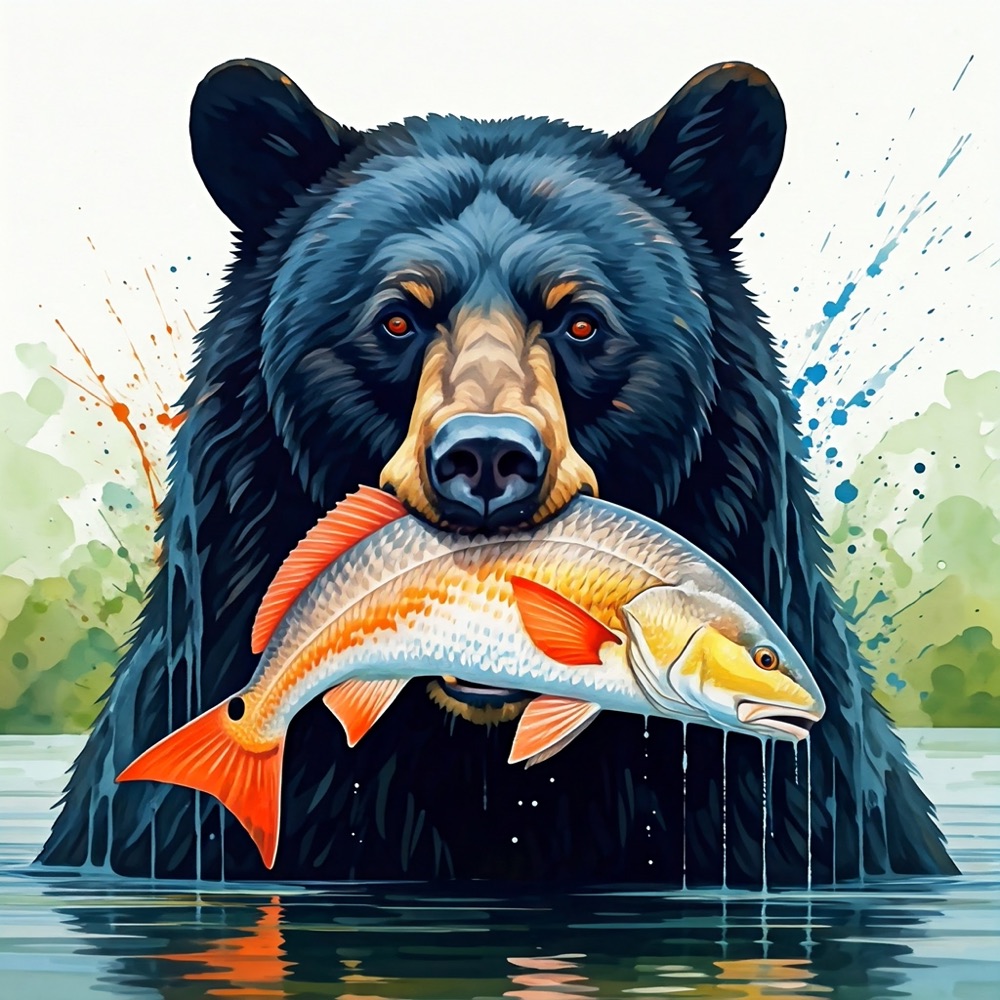 Watercolor black bear holding a redfish