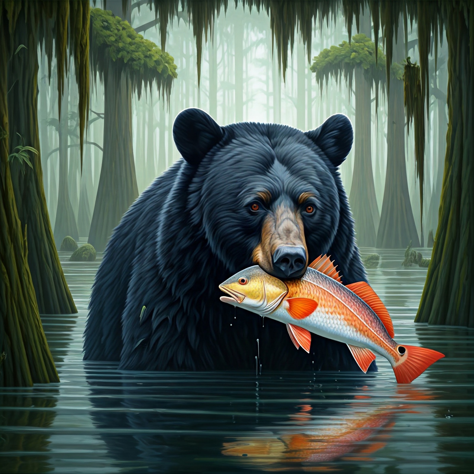 A black bear in a cypress bayou holding a redfish